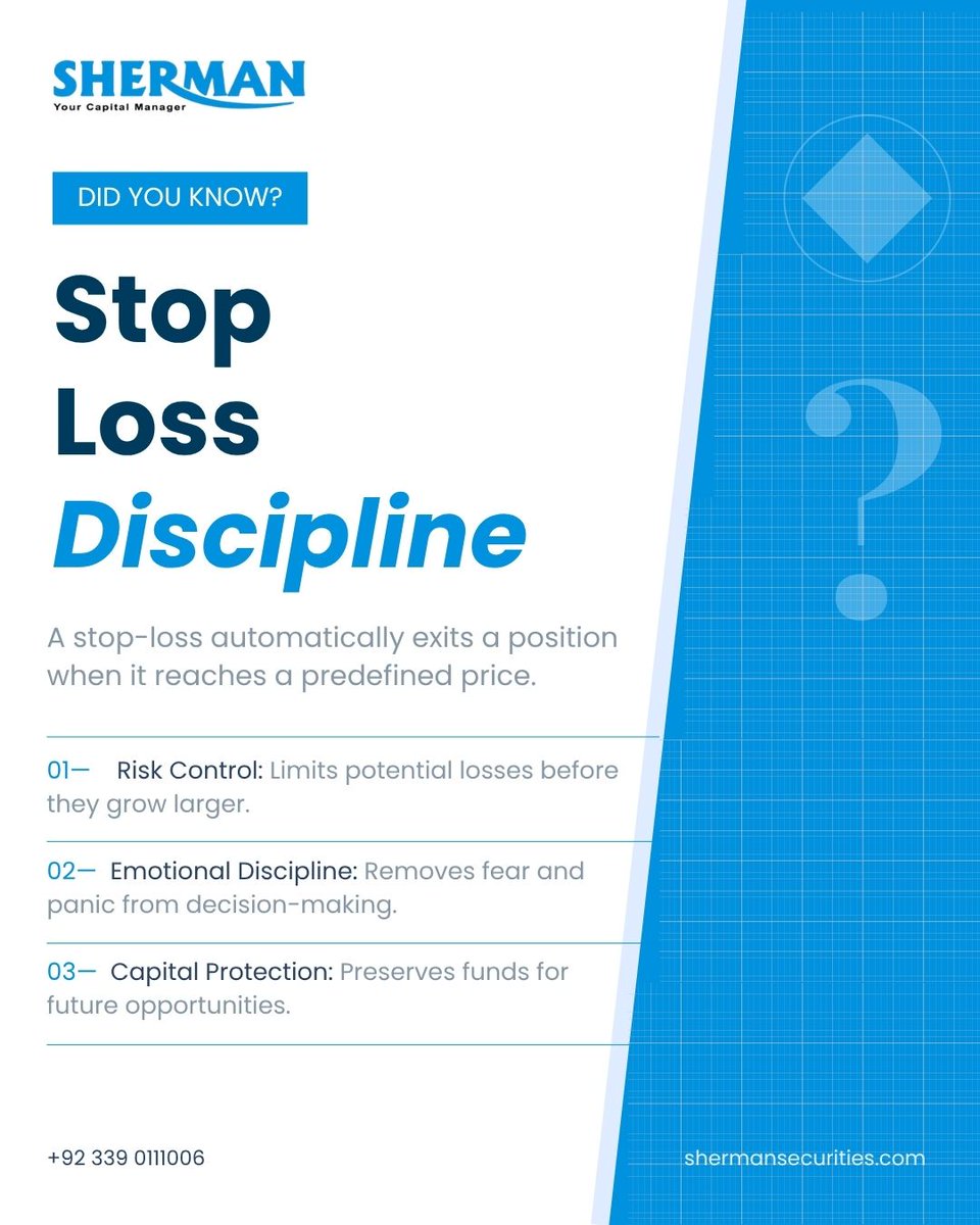 ShermanSec's tweet photo. Protecting your capital is just as important as growing it.
A stop-loss isn't a sign of weakness, it's a sign of discipline.

#ShermanSecurities #PSX #WisdomWednesday #StopLoss https://t.co/o0rzdQcHbs