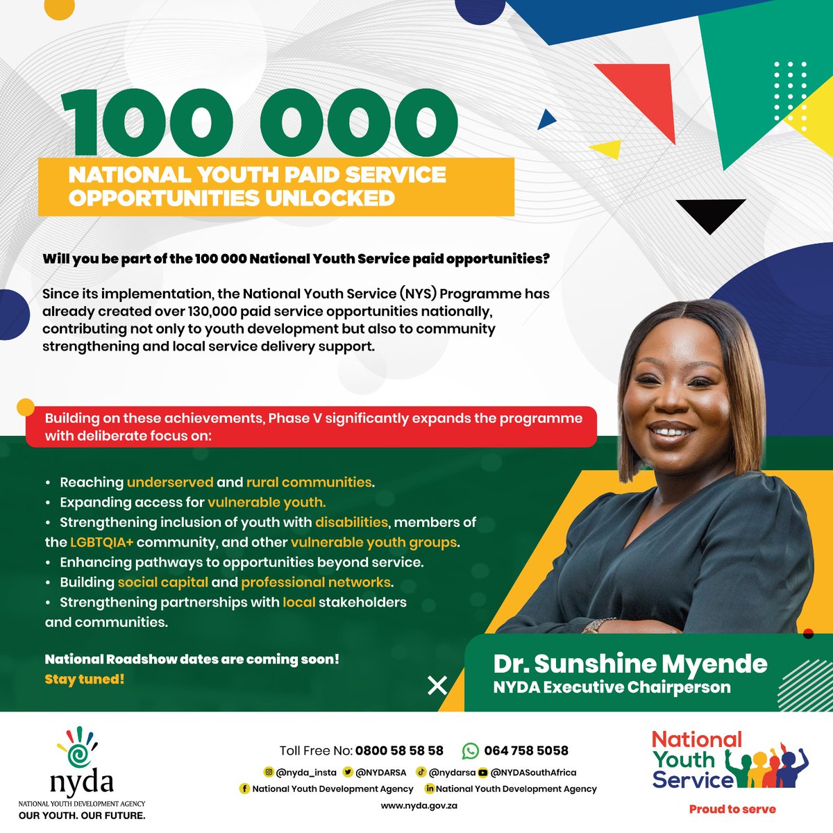 NYDARSA's tweet photo. The National Youth Service (NYS) Phase 5 is unlocking 100 000 paid service opportunities for unemployed youth across South Africa!

If you are a young person looking to gain practical experience, contribute to your community, and build a brighter future, this opportunity is for you!

HOW TO APPLY:
• Register or log on to: https://t.co/2ajQ9pAznV. 
• Search for NYS opportunities in your area
• Complete and submit your application

Zero data needed!

#NYS #PYEI #NYDA #YouthEmployment #SAYouth #NationBuilding