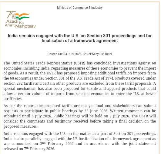 TheIndUSTech's tweet photo. #Update 🇮🇳🇺🇸 GoI says the #USTR has proposed additional Section 301 tariffs on imports from 60 economies, including India, but the measures are not yet final and remain under consultation. 

The proposal also includes a special #textile & #apparel mechanism allowing limited imports from selected economies at lower tariff rates. 

India remains engaged with the U.S. on the issue while pursuing a bilateral framework agreement.

https://t.co/wW16m3Q3AU
