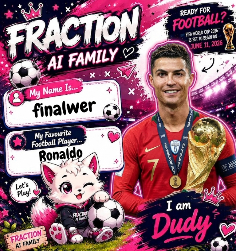 martaaxel18's tweet photo. I'm ready for the 2026 FIFA World Cup with the Fraction AI Family! ⚽️ My favorite player is Cristiano Ronaldo, and Dudy and I are already looking forward to some great soccer!
@FractionAI_xyz 
@Chaitanya_2709_ https://t.co/fvI7ljwABQ