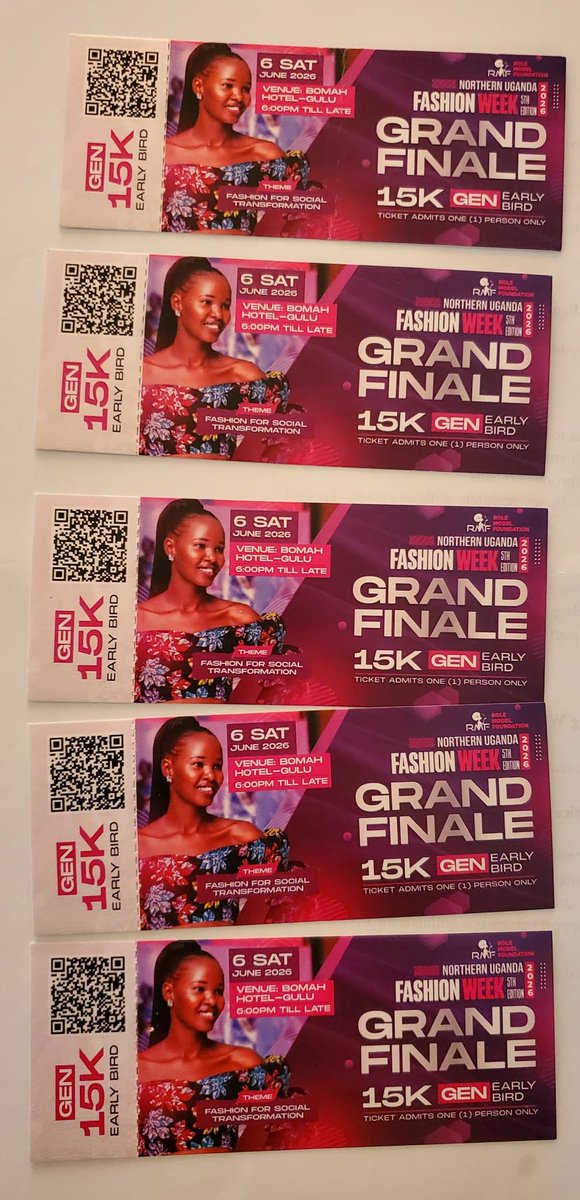 Brian__Skid's tweet photo. Early bird general tickets for the Northern Uganda Fashion Week 2026 Grand Finale are almost SOLD OUT! 

Don’t get left behind—secure yours NOW at any official ticket-selling point or grab it instantly via MoMo Pay before they’re gone! 

#NUFW2026 https://t.co/ONcMbIzTLo