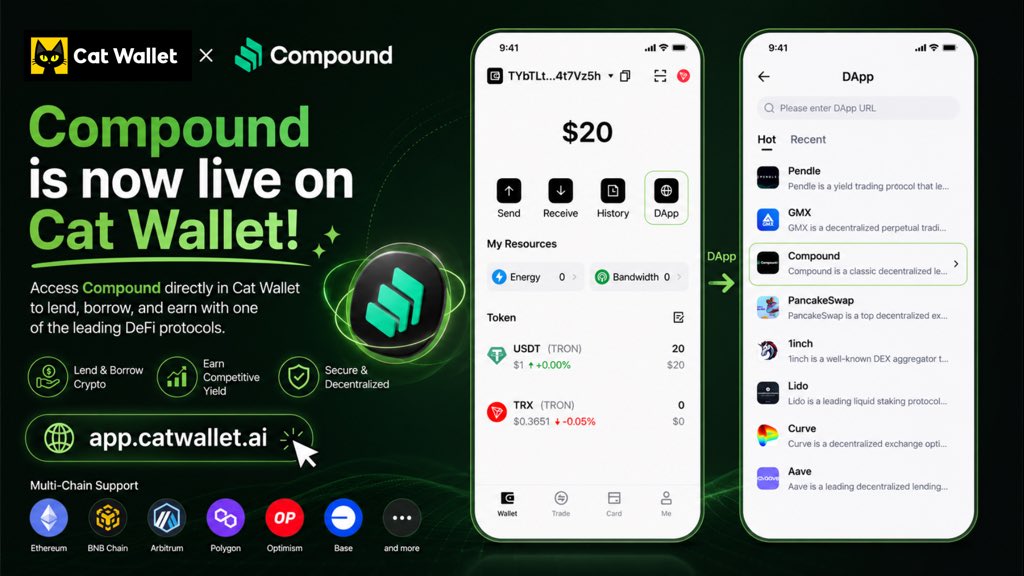 CatWallet_ai's tweet photo. 🚀 Compound @Compound_xyz is now live on CatWallet!

Access one of the leading DeFi lending protocols directly from the #CatWallet DApp section.

💰 Lend assets
📈 Earn yield
🔓 Borrow with flexibility
🌐 Explore DeFi across multiple chains

Open CatWallet and start using Compound today.

🔗 https://t.co/VNfMfX9z8k
#DeFi #Web3 #Crypto #Ethereum #BNBChain
