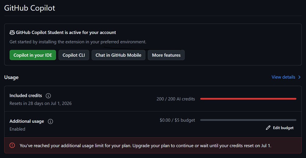 vijaysingh_x's tweet photo. GitHub Copilot just shifted to usage-based billing and it already burned through my entire month of AI credits in a single day.

What used to last a month now lasts a day. Now pay for extra credits or wait until the 1st.

Worst billing change ever, @github .

#githubcopilot https://t.co/4axWfUoFKd