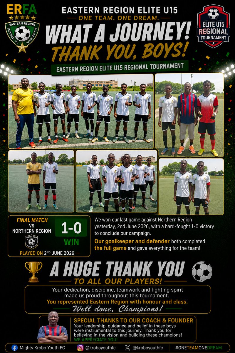 Kroboyouthfc's tweet photo. What a journey! 🔴🟡⚽
Our Eastern Region Elite U15 campaign ends on a high with a hard-fought 1–0 win over Northern Region. Proud of the boys for their discipline, teamwork and fighting spirit. Well done, champions! 🏆💪 https://t.co/Ief0gDIamp