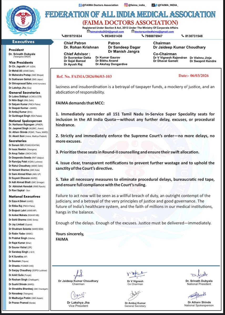 FAIMA_INDIA_'s tweet photo. Unacceptable delays by MCC ! Despite the Supreme Court’s May 29 order (WP(C) 415/2026), bureaucratic inertia is stalling the future of thousands of doctors. ⏳
151 Tamil Nadu In-Service Super Speciality seats are lying completely vacant and unutilized. These are precious public assets being wasted due to administrative red tape.
FAIMA demands that MCC immediately revert & allocate these 151 seats to the All India Quota in Round-II counselling. Stop the endless delays and protect India's healthcare infrastructure! 🩺🇮🇳

#MedicalEducation #NEETSS #FAIMA #StopSeatWastage @MoHFW_INDIA @JP_Nadda