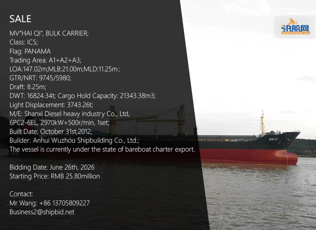ShipbidNet's tweet photo. #SALE

MV“HAI QI”, BULK CARRIER;
LOA:147.02m;MLB:21.00m;MLD:11.25m;
Draft: 8.25m;
DWT: 16824.34t; Cargo Hold Capacity: 21343.38m3;
Built: 2012 China

Bidding Date: June 26, 2026
Starting Price: RMB 25.8M

Contact:
Mr Wang: +86 13705809227
Business2@shipbid.net

#SHIPBIDNET https://t.co/pkYV45Mwtp