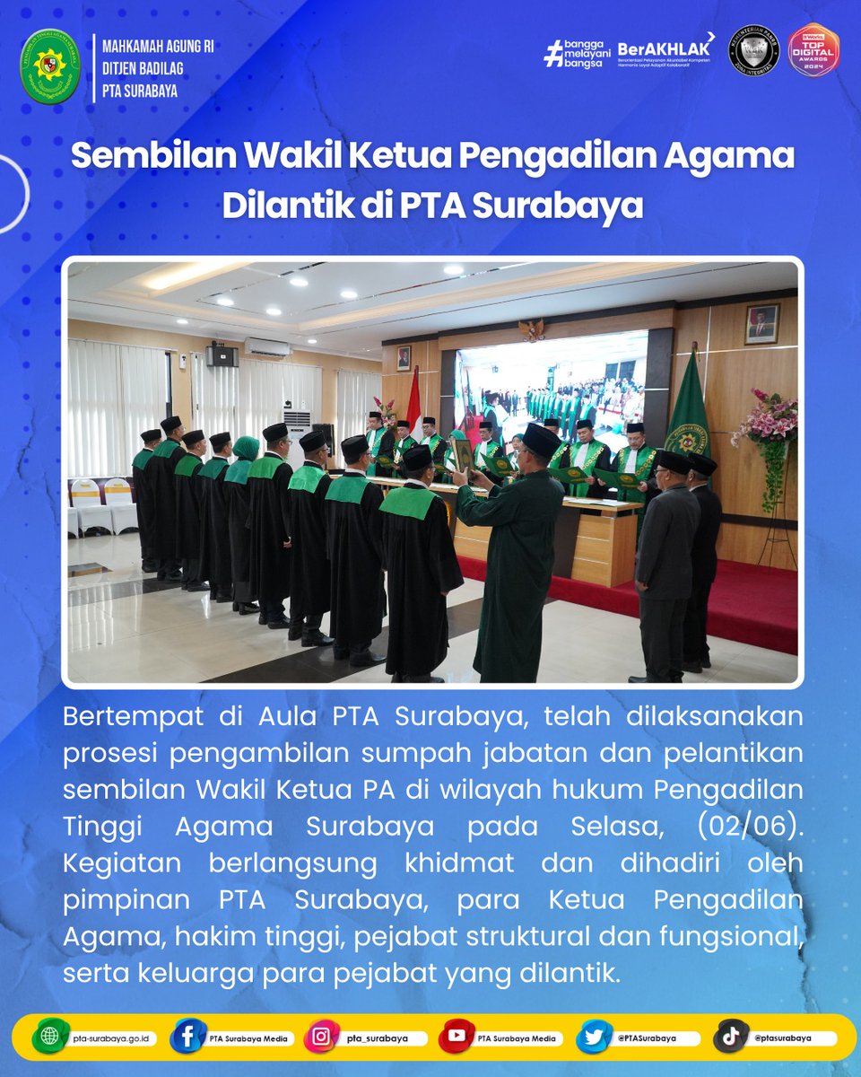 PTASurabaya's tweet photo. Sembilan Wakil Ketua Pengadilan Agama Dilantik di PTA Surabaya

Selengkapnya: https://t.co/JTEw40PTxs https://t.co/ZgJUL67QMI