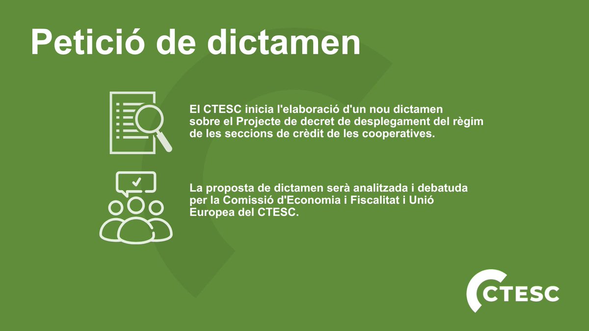 CTESC's tweet photo. ➡️ La consellera d'Economia i Finances, Alícia Romero @aliciarll, ha tramès, per tal que el Consell el dictamini, el Projecte de decret de desplegament del règim de les seccions de crèdit de les cooperatives. 

👥 La proposta de #dictamen serà analitzada i debatuda per la Comissió d'Economia i Fiscalitat i Unió Europea del CTESC.