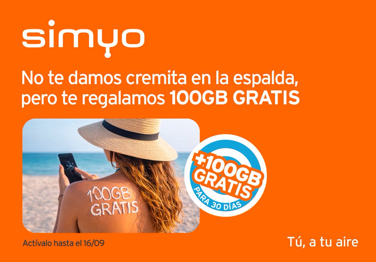 MASORANGE_ES's tweet photo. ☀️ Este verano, en @simyo_es regalamos 100GB gratis por línea para que navegues, compartas y disfrutes sin preocuparte de los datos.

Disponible para clientes de contrato y prepago durante 30 días. Y si tienes varias líneas, ¡100GB para cada una! 😎

https://t.co/fcBcFzJx2S https://t.co/Ap5Dbu1lLR