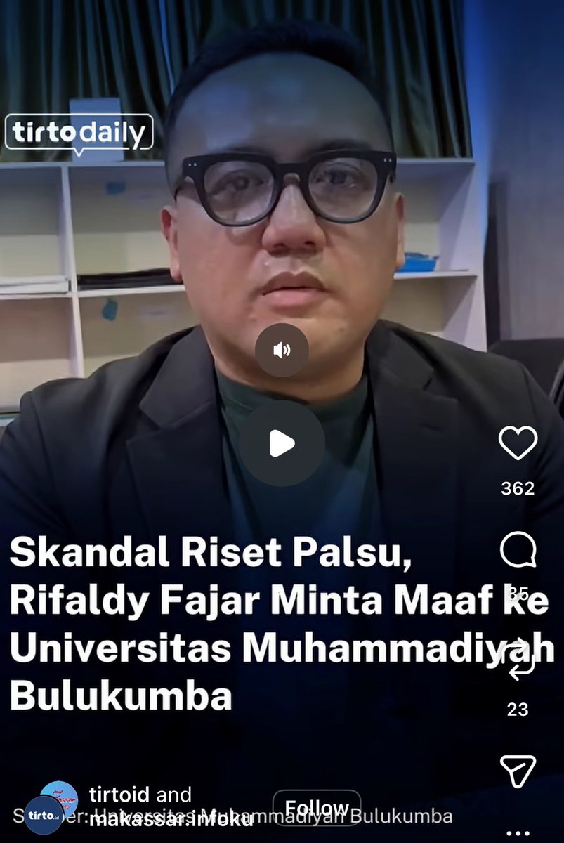 ardisatriawan's tweet photo. BREAKING!
Akhirnya Rifaldy muncul!

Bikin video permohonan maaf kepada UMB!
Karena pencatutan afiliasi UMB di abstrak/riset yang dia ajukan dengan nama Ibunya.

Tapi, ini hanya permohonan maaf kepada UMB saja. Karena sejauh ini HANYA UMB yang bersikap TEGAS terkait dugaan fraud ini!

Respek UMB!
Semoga kasus ini dapat segera diselesaikan dengan baik agar kejadian seperti ini tidak terulang lagi di kemudian hari! Semua demi kemajuan dan nama baik peneliti dan ilmuwan Indonesia terutama di kancah internasional.

Sumber:
Instagram tirtoid