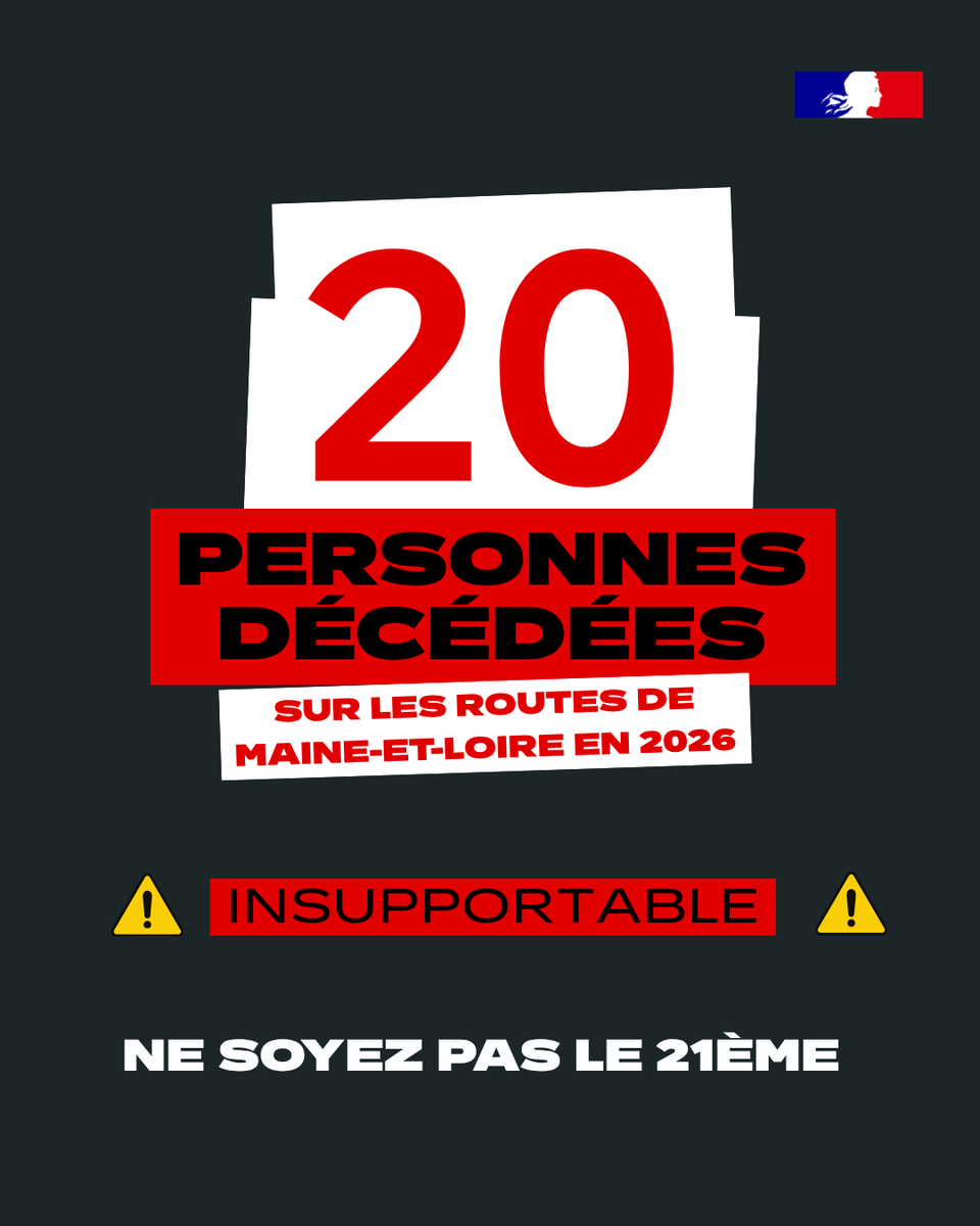 Image de Préfet de Maine-et-Loire : 🚨 #SécuritéRoutière |
20 personnes ont perdu la vie sur les routes du #MaineetLoire depuis le début