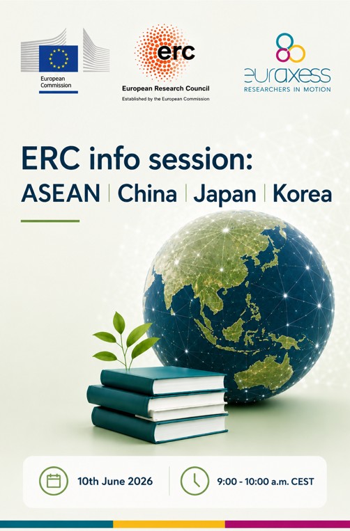 ERC_Research's tweet photo. 🔬Are you a researcher based in 🇨🇳 China, 🇯🇵 Japan, 🇰🇷 the Republic of Korea or an ASEAN country? Are you interested in funding for frontier research?

Join the EURAXESS &amp; ERC online info session on ERC grants on 10 June 2026 (9:00 CEST)! 

🔗 https://t.co/Fg0EPIeiH1 https://t.co/jOFzC0nIg0