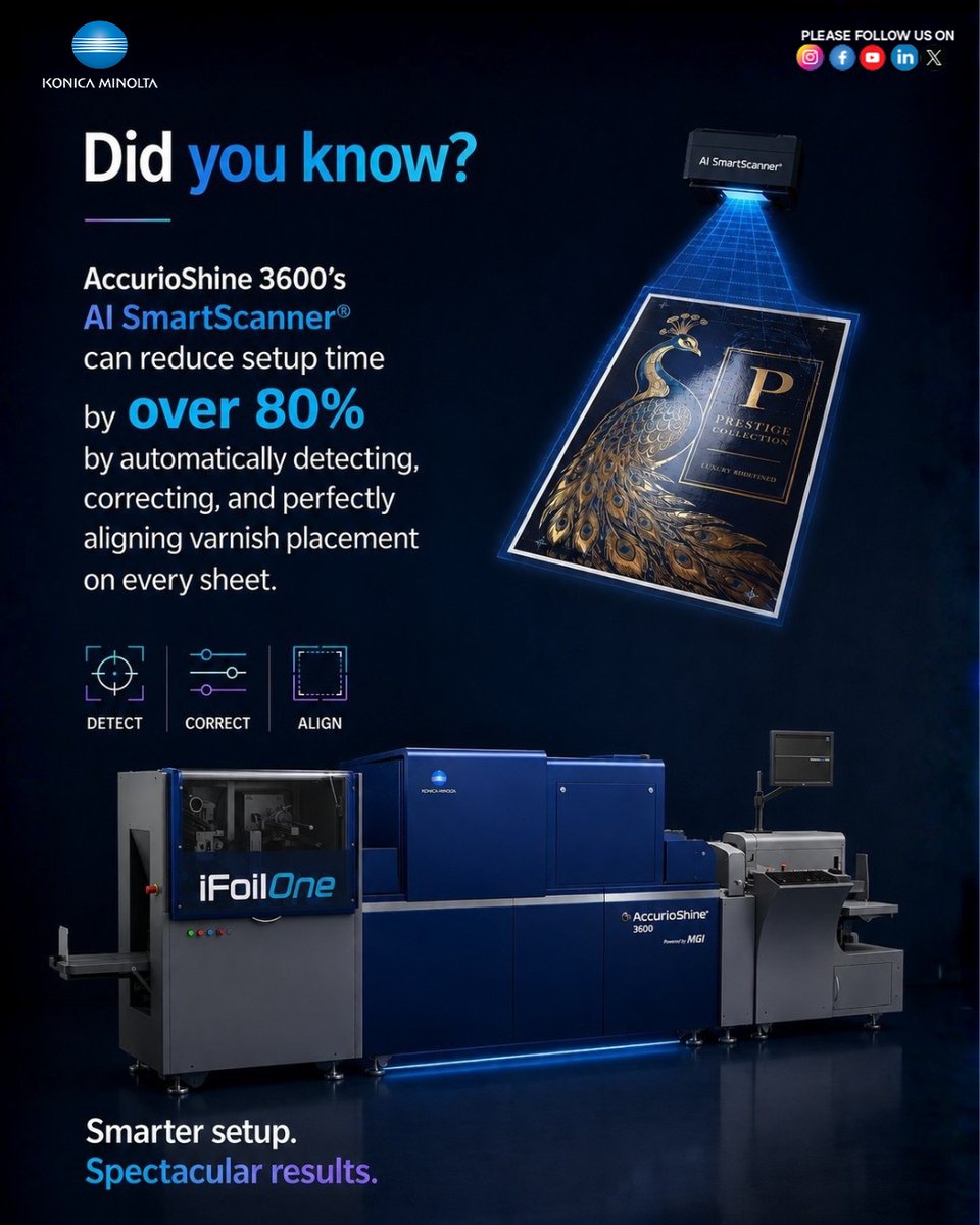 KonicaMinoltaME's tweet photo. Precision doesn’t have to come with complexity.

With AI SmartScanner®, the AccurioShine 3600 automates setup, corrects alignment in real time, and helps operators reduce preparation time by over 80% — making premium embellishment faster, smarter, and easier.

#KonicaMinolta https://t.co/3rndXndZPf