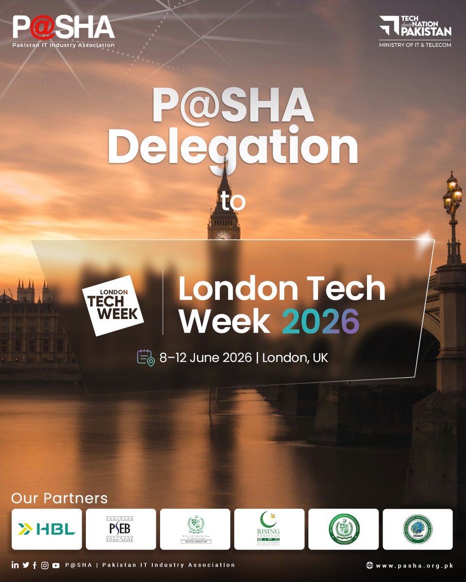 PASHAORG's tweet photo. P@SHA Delegation to Attend London Tech Week 2026!

The P@SHA Delegation is all set to participate in London Tech Week, taking place in London from 8th to 12th June 2026.

London Tech Week is one of the world’s leading technology gatherings, bringing together global tech leaders, startups, and investors to explore innovation, collaboration, and future opportunities across the digital ecosystem

Stay tuned for key highlights from the event!
.
.
#PASHA #LondonTechWeek #LTW26 #TechShapesBusiness #UKtech