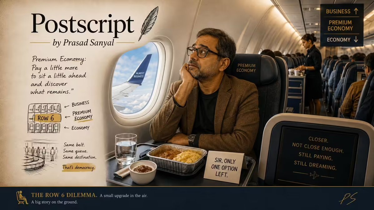 PrasadScribe's tweet photo. There is a particular kind of disappointment that only middle age, airline loyalty programmes and a modest amount of disposable income can produce...

'Premium economy, or the great Indian upgrade delusion: The Row 6 dilemma'

https://t.co/tse1H7ibPN
@airindia @IndiGo6E 

#AirlineTravel #PremiumEconomy #TravelDiaries