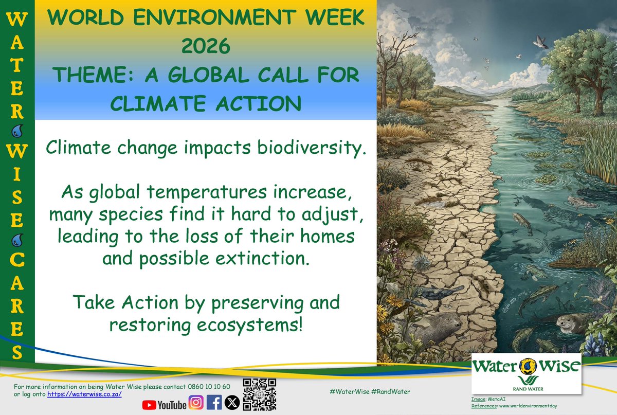 water_wise's tweet photo. World Environment Week is celebrated from 1-7 June 2026.
Theme: A Global Call for Climate Action https://t.co/UIliGc8P4U