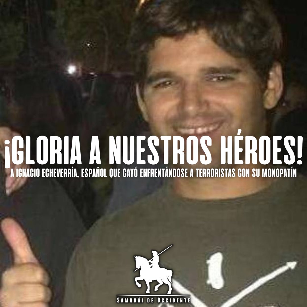 samuraioccident's tweet photo. GLORIA A NUESTROS HÉROES

🛹🇪🇸 Tal día como hoy de 2017, el ciudadano español Ignacio Echeverría se enfrentó con su monopatín a unos terroristas islamistas que atentaron en #Londres

❤️ Su acción salvó decenas de vidas. No olvidemos su gesta, honremos su memoria combatiendo en el día a día de manera digna.