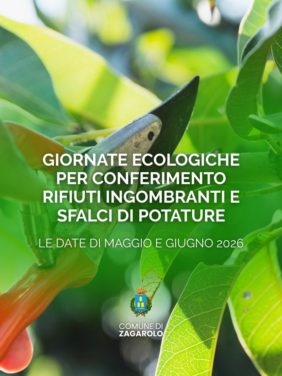 ComuneZagarolo's tweet photo. GIORNATE ECOLOGICHE PER CONFERIMENTO RIFIUTI INGOMBRANTI E SFALCI DI POTATURE - TUTTE LE DATE DI GIUGNO 2026 https://t.co/LPldrd6CMk