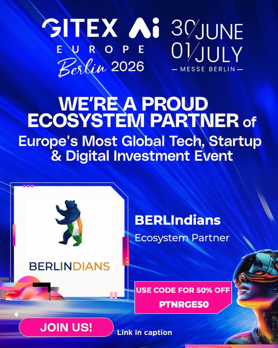 BERLIndians's tweet photo. We're proud to be an Ecosystem Partner of @GITEXEUROPE, one of
Europe's leading AI and tech events.

🎟️ BERLIndians members get 50% off with promo code: PTNRGE50

Register here: https://t.co/XvttEZr3ts

📍 Messe Berlin
📅 30 June – 1 July 2026

We look forward to seeing you! https://t.co/mBKibI7gO6