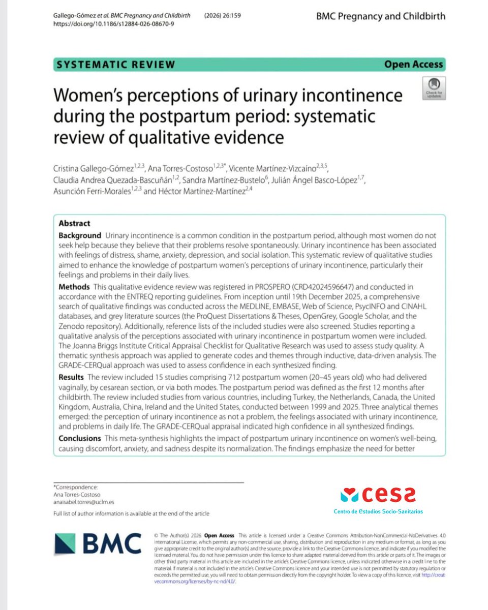 CESS_UCLM's tweet photo. 👉Women’s perceptions of urinary incontinence during the postpartum period: systematic review of qualitative evidence.
👉Te animamos a leer este interesante e importante artículo de #Investigación realizado por investigadoras e investigadores del Cess   

https://t.co/KwSs9dq14s https://t.co/6cpa66S0PN