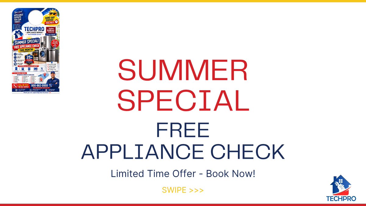 Techpro7484's tweet photo. 🔧 Your appliances work hard all year — this summer, we've got them covered!. 
TechPro Appliance Repair is offering a FREE Appliance Check this month  as part of our Summer Special!.
Don't wait until something breaks down in the heat. 
#TechProApplianceRepair https://t.co/mls9coJGep