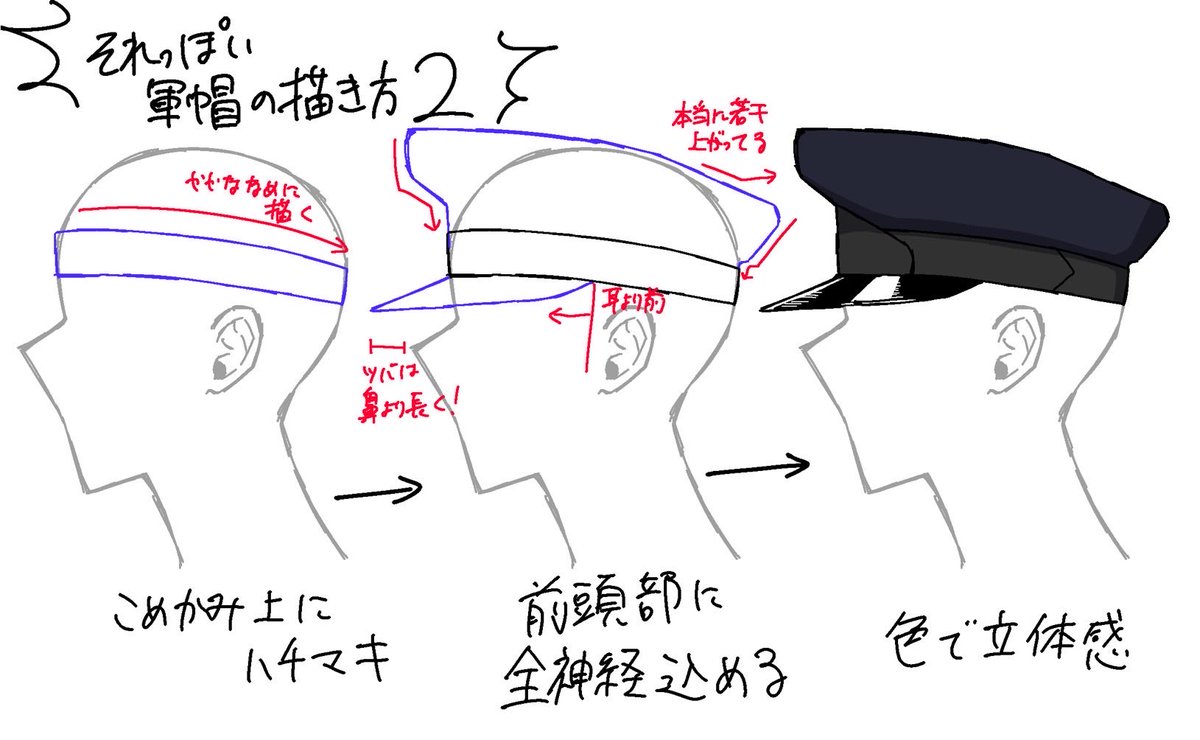 SiraSu_Don417's tweet photo. それっぽい軍帽の描き方2です💕
横から見るとこんな感じ https://t.co/Tz1WzsGSo1