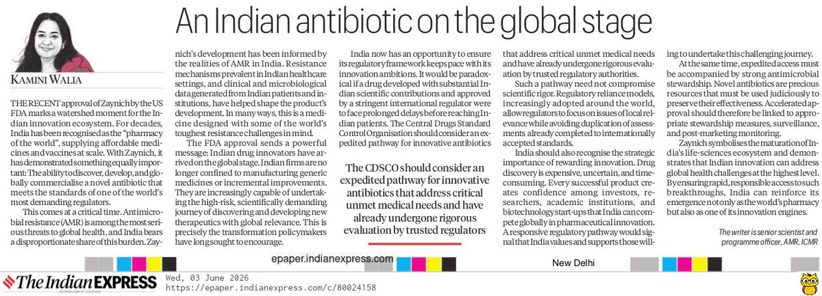 prasannavishy's tweet photo. For decades, India was known as the "pharmacy of the world".A  manufacturing powerhouse for affordable, generic medicines. 

With Zaynich's US FDA approval, an Indian firm has demonstrated that the ability to discover, develop and globally commercialise a novel antibiotic that meets the standards of one of the world's toughest regulators.

At a time when antimicrobial resistance is emerging as one of humanity's biggest health threats, an Indian-developed antibiotic reaching the global stage is exactly the kind of breakthrough the country should seek to replicate across biotech, semiconductors, advanced materials and deep-tech sectors.