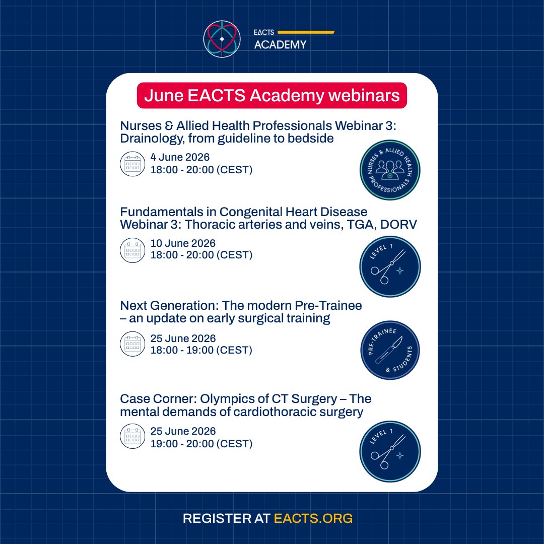 EACTS's tweet photo. 🔍 Explore this month’s EACTS Academy webinars.

Whether you are a medical student, pre-trainee, resident, or allied health professional, EACTS Academy webinars will offer valuable opportunities to strengthen your knowledge and explore key topics across cardiothoracic surgery.

Join international faculty and peers online for interactive discussions, case-based learning and practical insights designed to support your development at every stage of your journey.

✅ Free for EACTS members.

🔍 Discover more and register now🔗 https://t.co/rRWE30eEI5