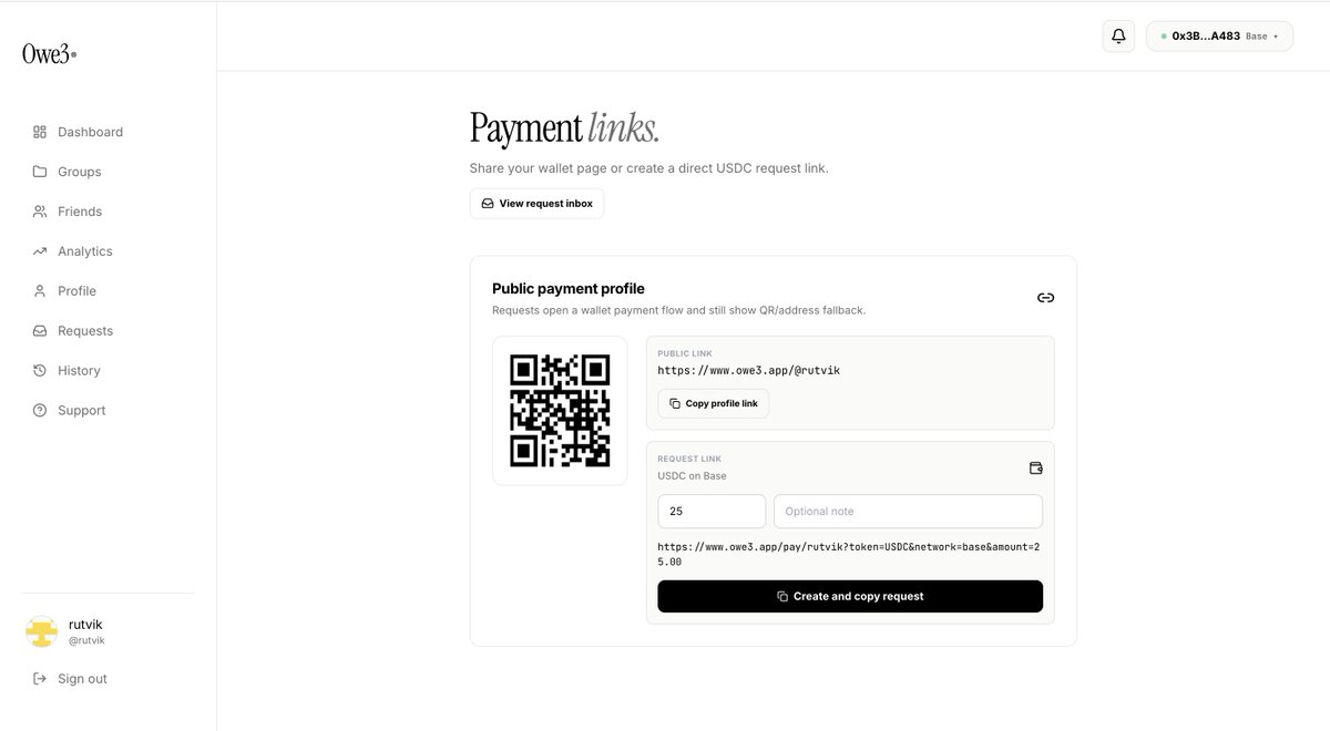 RR_Gujarati's tweet photo. Chasing friends for splits? 💸
Sending long, complicated wallet addresses? 🤦‍♂️

We just shipped Owe3 Payment Links & Request Tracking to solve this!

Now, you can request and receive USDC/USDT on your terms:
👉 Get your custom handle (e.g., /@yourname)
👉 Send payment requests with pre-filled amounts & notes
👉 Pay with 1 click (we handle network switching & approvals)
👉 Automatic request status sync as soon as the transaction lands

Whether you're splitting dinner on Base or paying rent on Polygon. All will acceptable on Owe3

Give it a spin! 🚀

#BuildOnBase #Web3 #Crypto #Owe3