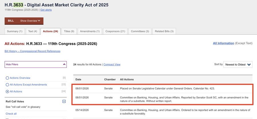 Coachtylive's tweet photo. BREAKING: 🇺🇸 The CLARITY Act has officially been placed on the U.S. Senate legislative calendar.

The bill has cleared the Senate Banking Committee and awaits debate and a vote!🚀 https://t.co/xA1gJcaNgE