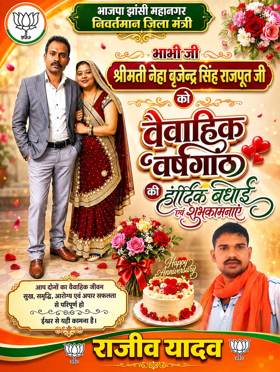 RAZEEVYDB's tweet photo. #बुंदेलखंड का बच्चा-बच्चा जानता है - भैया  भाभी  @nehabsrajput जी हमेशा गरीब, किसान, मजदूर की लड़ाई लड़ी है। आज भैया-भाभी की जोड़ी को देखकर दुआ निकलती है कि ये साथ यूं ही बना रहे।
शुभकामनाएं ।। 
#happy_anniversary
#BJPJhansi  #UPPolitics #BJP4UP #JhansiMahanagar  #BJP4India https://t.co/2WPCUjETcJ