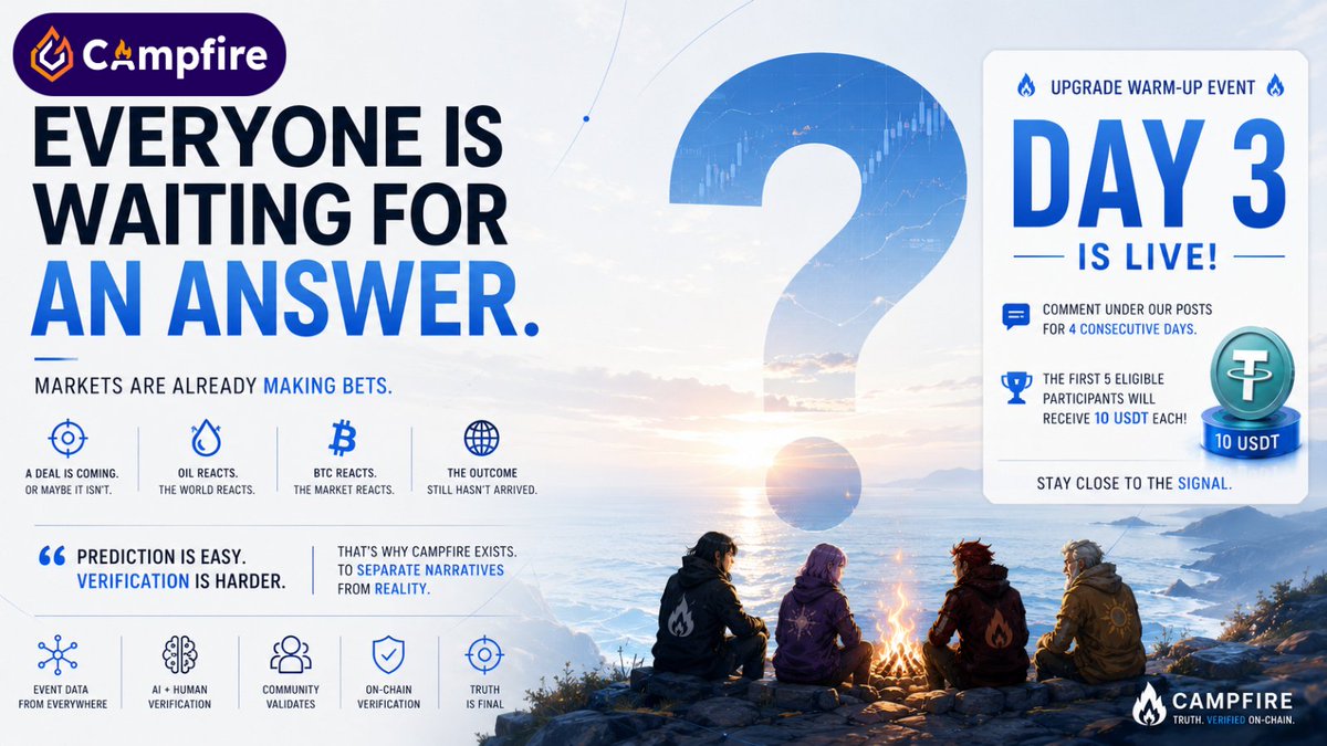 campfire_fun's tweet photo. Everyone is waiting for an answer.

Markets are already making bets.

—

A deal is coming.

Or maybe it isn’t.

Oil reacts.
BTC reacts.
The world reacts.
But the outcome still hasn't arrived.
—

Prediction is easy.

Verification is harder.

That’s why Campfire exists.

To separate narratives from reality.

🔥 Campfire Upgrade Warm-Up Event

Day 3 starts now.

Comment under our posts for 4 consecutive days.

The first 5 eligible participants
will receive 10 USDT each. 🔥

Stay close to the signal.

#Crypto #Macro #AI #Signals