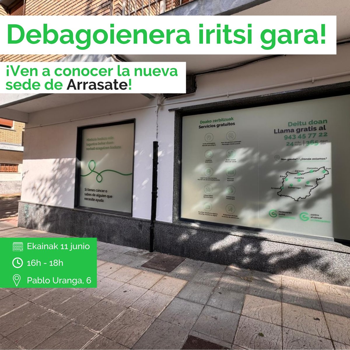 ContraCancerGP's tweet photo. El jueves, 11 de junio, abriremos una nueva sede en #Arrasate para estar más cerca de las personas con cáncer y sus familias en #Debagoiena.

Minbizia duten pertsonak eta haien senideak entzuteko eta laguntzeko, espazio hurbila eta eskuragarria sortu dugu.

¡Te esperamos! 💚 https://t.co/hANdBSThk6