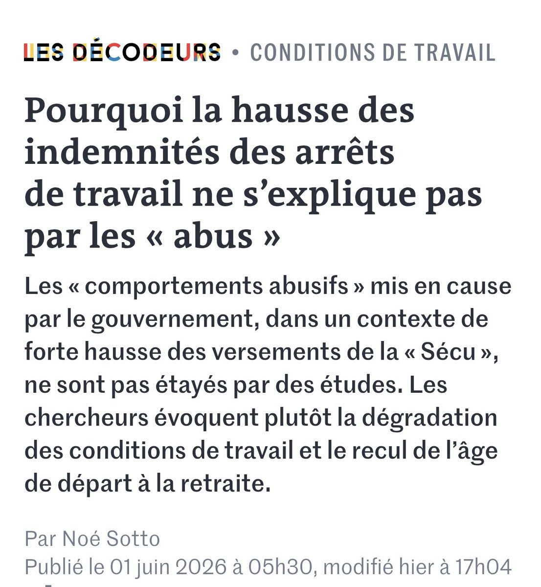 raphpradeau's tweet photo. La propagande : pour expliquer la hausse des indemnités liées aux arrêts-maladie, le gouvernement stigmatise les malades en pointant des abus

La réalité : les chercheurs, eux, l'expliquent par la dégradation des conditions de travail et le recul de l'âge de départ à la retraite https://t.co/LvK1yE4reE