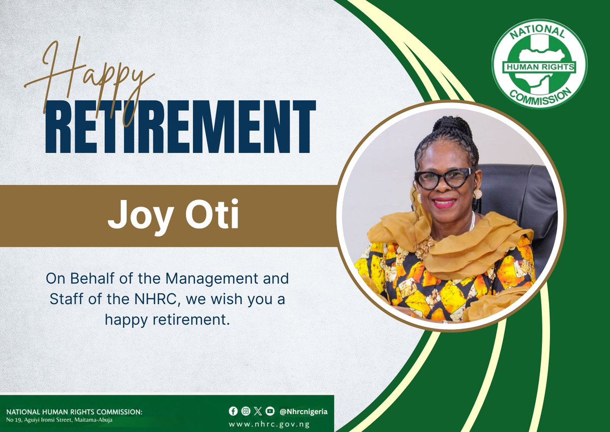 NhrcNigeria's tweet photo. Happy Retirement to our amazing members of staff.

As you begin this new chapter, we wish you good health, happiness, peace, and a fulfilling retirement.

Congratulations and best wishes always.

#retirement #SeniorCitizens https://t.co/D8Fb3M8t9n