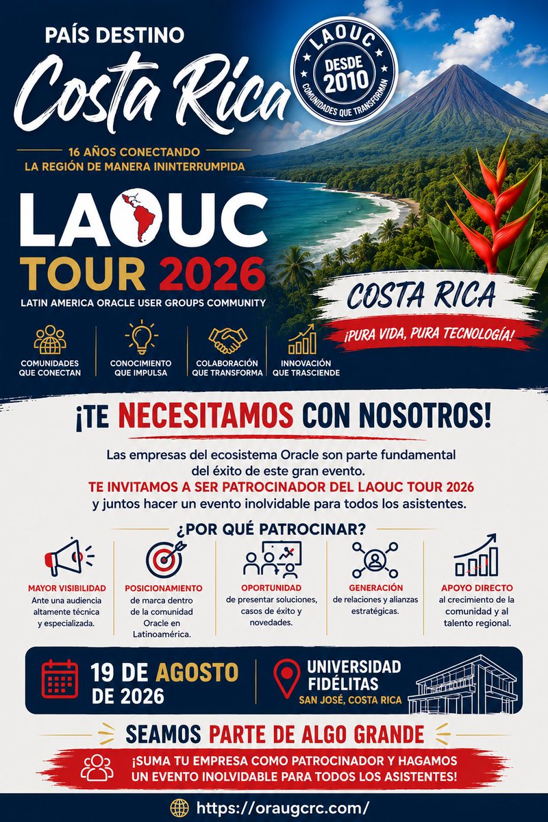 rovaque's tweet photo. Hola gente

Después de muchos años, nuevamente estoy involucrado de forma directa en la organización del evento anual de Grupo de Usuarios Oracle de la región Latinoamérica, LAOUC TOUR.

En conjunto con los otros integrantes de las distintas comisiones, estaremos trabajando para hacer de este año, un evento éxitoso y para ellos necesitamos del apoyo de todo el ecosistema Oracle del país.

Mayoristas, Parnters, Desarrolladoras de Software y empresas en general contamos con ustedes para lograr la meta.

A todos ustedes que estén interesados en participar como "PATROCINADORES" del evento, les invito a contactarme a mi cuenta de correo electrónico ronald.vargas.quesada@gmail.com o por mensaje en esta red.

#LAOUCTOUR2026 #OracleCommunity