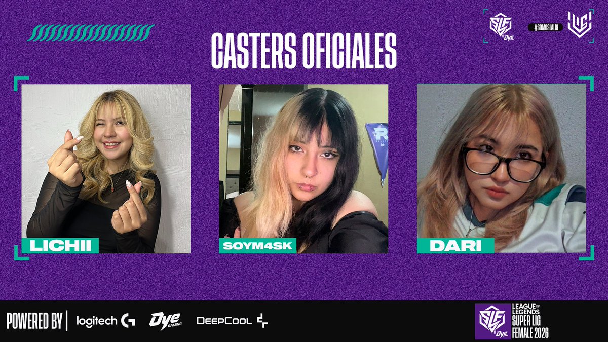 SuperLIGFemale's tweet photo. 🎙️ Talento jóven, talento fem, TALENTO! Las voces de la Super LIG Female ya están listas.

Ellas serán las encargadas de acompañarnos jornada tras jornada, llevarnos cada historia, cada jugada y cada momento decisivo dentro de la grieta.✨

🎙️@LichiiRawrr
🎙️@soyM4sk
🎙️@dxrienlv__ https://t.co/1OE5pm0Zgo
