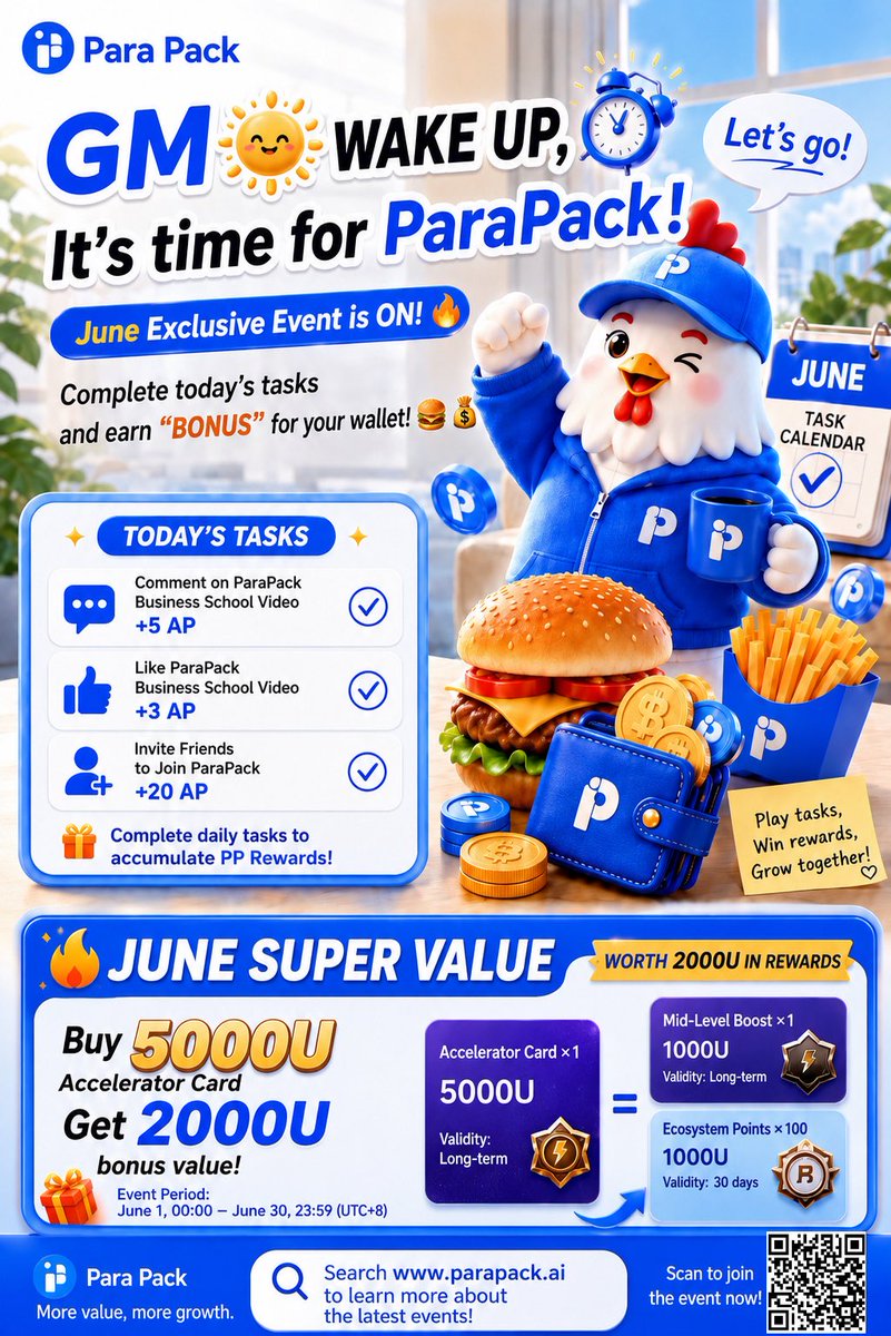 parapack_pp's tweet photo. GM Web3 fam! ☕️
Kick off your June with our massive bonus! Buy a 5,000U Acceleration Card and grab a 2,000U Gift Pack instantly. 🚀
Don't sleep on this. Drop a GM below and let's get it! 👇 https://t.co/puxrpIHC5o