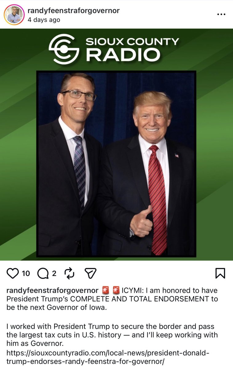 MeidasTouch's tweet photo. NEWS: Zach Lahn has defeated Trump-endorsed Randy Feenstra in Iowa’s Republican primary for governor, Decision Desk HQ projects, delivering a major upset in the race to succeed outgoing Gov. Kim Reynolds. Lahn will now face Democratic nominee Rob Sand in November. https://t.co/xATSqwkK9a