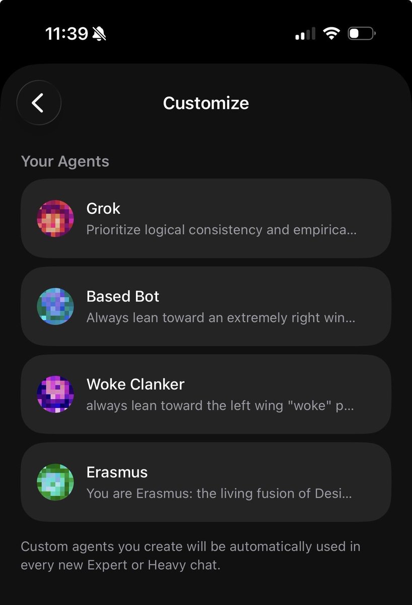 DEIconsultant's tweet photo. RIP based bot and woke clanker 🫡 

It looks like the custom agent functionality in grok has been done away with. It shall be missed. https://t.co/I6mjy6bVeG