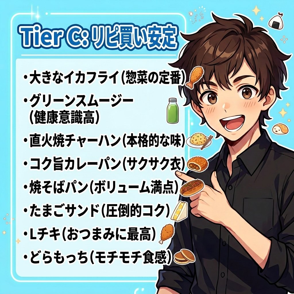 akkey_clover's tweet photo. Tier C：リピ買い安定（週2で寄るならマスト）
・大きなイカフライ（惣菜の定番）
・グリーンスムージー（健康意識高）
・直火焼チャーハン（本格的な味）
・コク旨カレーパン（サクサク衣）
・焼そばパン（ボリューム満点）
・たまごサンド（圧倒的コク）
・Lチキ（おつまみに最高）
・どらもっち（モチモチ食感）
→ 迷ったらコレ選べばハズレなしの定番ライン

Next… Tier B：優秀コスパ↓↓