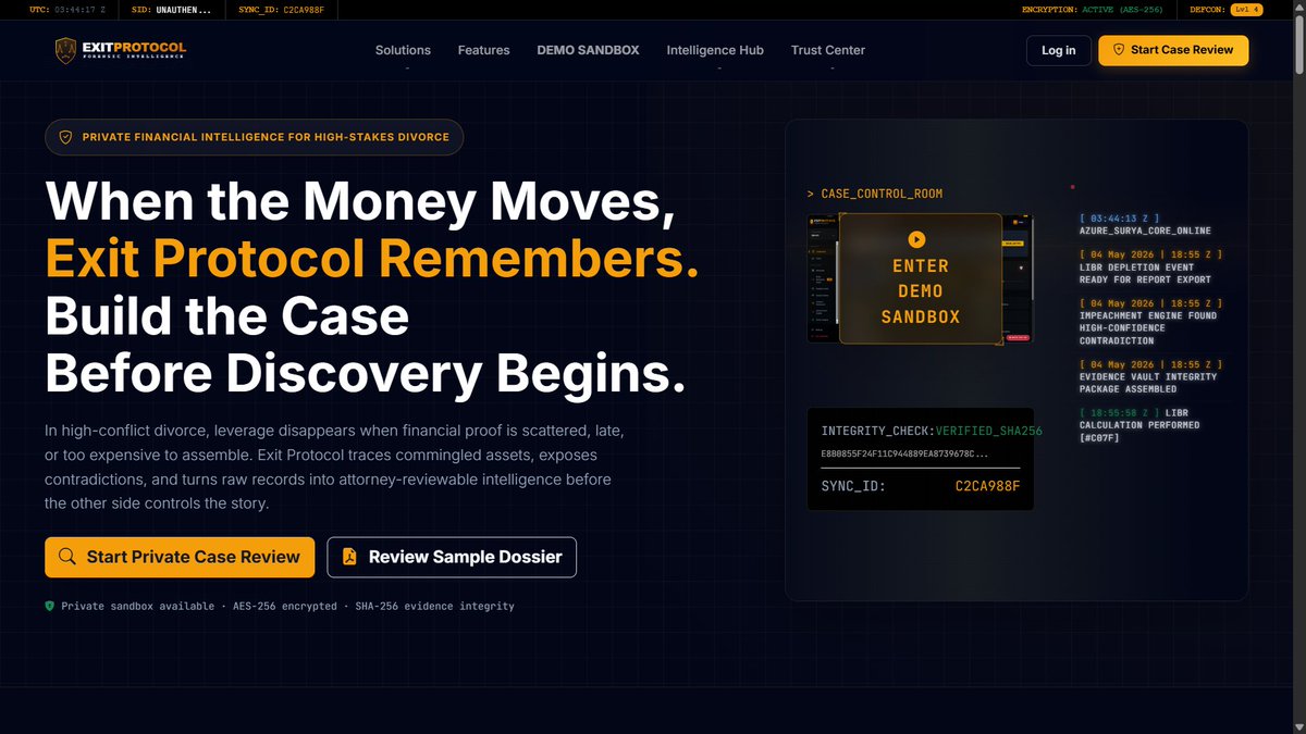 vvgond's tweet photo. Exit Protocol is live.

A forensic case intelligence workspace for high-conflict financial disputes: bank records, evidence docs, messages, entity maps, LIBR tracing, and counsel-reviewable report packets in one place.

Not legal advice. Not AI guessing.

Deterministic math, source-linked evidence, human review.

Looking for family-law attorneys and forensic CPAs to pressure-test the workflow with synthetic or anonymized cases.