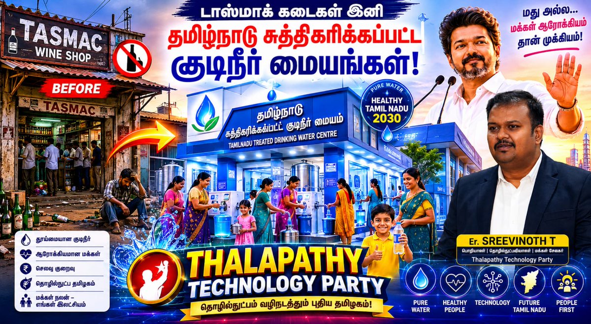 sreevinoth5's tweet photo. @CMOTamilnadu
Turn #TASMAC’s last peg into #TN’s first glass of safe water.  
Same shops. Same staff. Same landlords.  
New purpose: Tamilnadu Treated Drinking Water.  
Health revenue > Liquor revenue. Time to choose. #TASMACtoTTDW #TNModel #TTP https://t.co/AIWvs0f9HZ