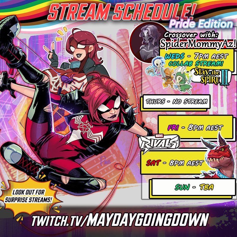 MaydayGoingDown's tweet photo. Here's this week's Stream Schedule for your favourite Spider-Streamer - Pride Edition! ✨🏳️‍🌈

~ Weds (7pm AEST) - Collab with the lovely @SpiderMommyAz for Slay the Spire 2!
~ Fri &amp; Sat (8pm AEST) - More Marvel Rivals!
~ Sun - TBA

Come say hi when I'm live! See y'all there ❤️ https://t.co/bHyTjNrE68