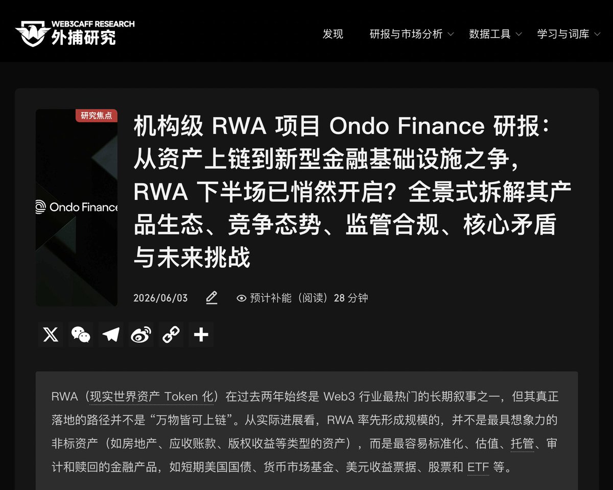 Web3Caff_com's tweet photo. 随着 RWA（现实世界资产 Token 化）逐渐从概念讨论走向产品化与基础设施化，链上金融体系的运行逻辑也正在发生变化。

本篇《机构级 RWA 项目 Ondo Finance 研究报告：从资产上链到新型金融基础设施之争，RWA 下半场已悄然开启？》由外捕研究（Web3Caff Research）发表，系统解析其产品体系、生态伙伴、竞争格局、核心矛盾与未来风险

📖 阅读全文：

https://t.co/krfe2vyfhi
