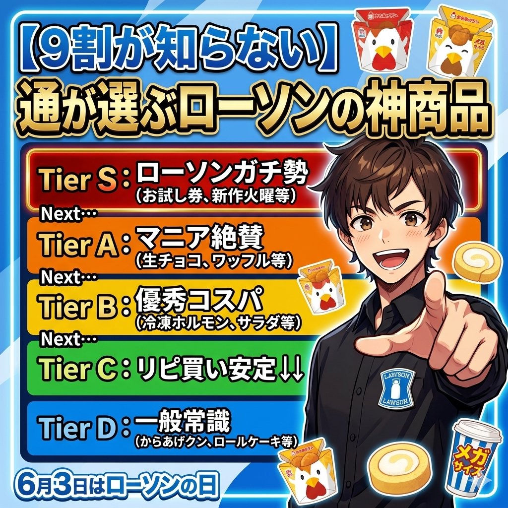 akkey_clover's tweet photo. 6月3日は #ローソンの日

てなことで…

【9割が知らない!?】
通が選ぶローソンの神商品 Tier表

ツリーしてみたよ！

それではTierDからスタートっ🫵🏻😆✨ https://t.co/Saey3N6L4Q