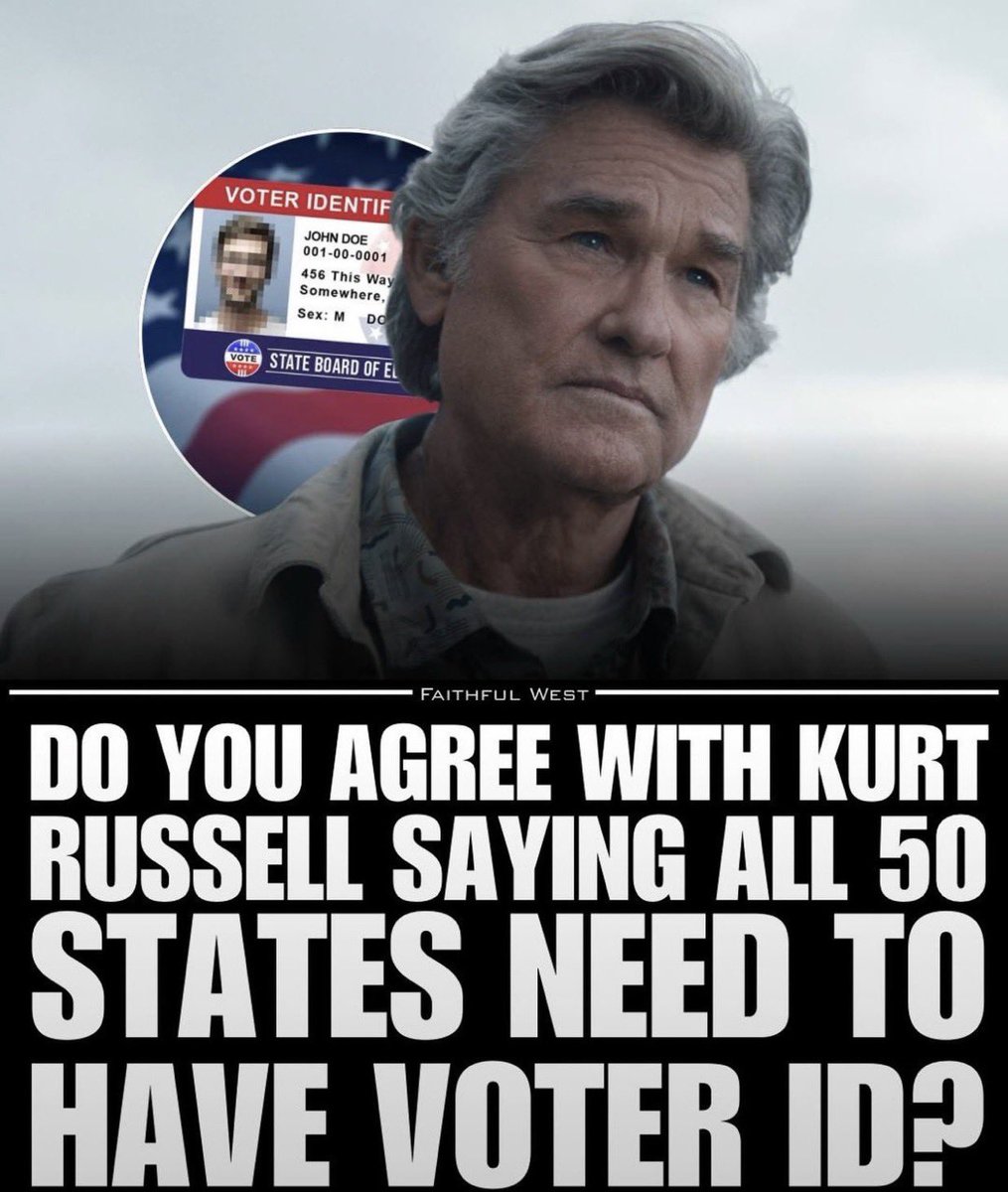 Pardony_Conway's tweet photo. 🇺🇸Kurt Russell just said it loud and clear 🔥
All 50 States NEED Voter ID!

Do YOU Agree?
YES 👍
NO 👎

Comment below with YES or NO 👇 https://t.co/J58sLrVNxi