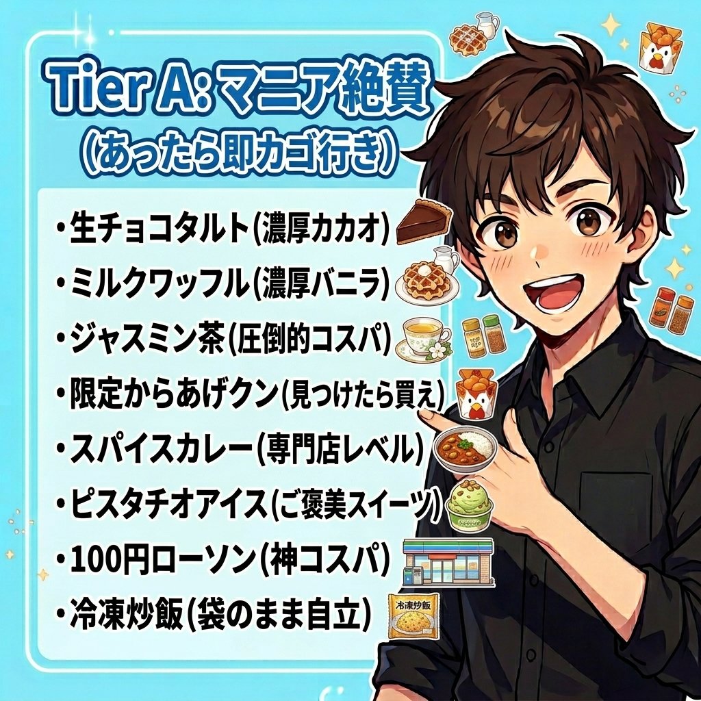 akkey_clover's tweet photo. Tier A：マニア絶賛（あったら即カゴ行き）
・生チョコタルト（濃厚カカオ）
・ミルクワッフル（濃厚バニラ）
・ジャスミン茶（圧倒的コスパ）
・限定からあげクン（見つけたら買え）
・スパイスカレー（専門店レベル）
・ピスタチオアイス（ご褒美スイーツ）
・100円ローソン（神コスパ）
・冷凍炒飯（袋のまま自立） 
→ コンビニ飯の域を超えた開発班の意地が見える

Next… Tier S：ローソンガチ勢↓↓