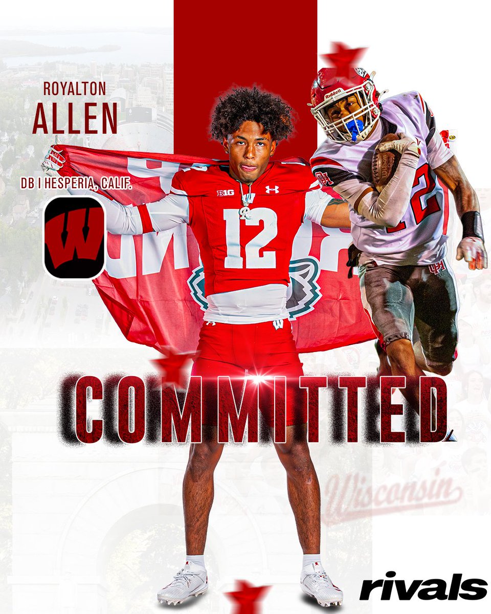 OakHillsFootba1's tweet photo. After @RoyaltonAllen_ 's commitment to @BadgerFootball, that gives us 4 in May and June.  @sione_felila @OU_Football @AveiRitchi97 @FresnoStateFB and @Lonzo00707131 @BeaverFootball and we're not done yet! 80 days till game one and we're fired up on top of the hill! ALL-IN https://t.co/LxJ3bzIJcj