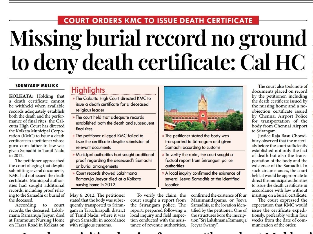 666_citizen's tweet photo. Missing burial record no ground to deny death certificate: Cal HC

@kmc_kolkata 

#death #certificate #burial #record #municipal

https://t.co/8pf9nzzxlJ https://t.co/YDGFMXQkB8